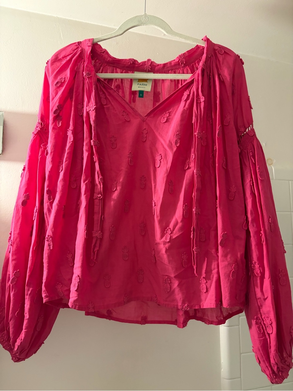 FARM Rio Hot Pink Embroidered V-Neck Peasant Blouse